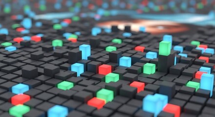 Obraz premium Dynamic Abstract Digital Grid with Illuminated Cubes Visualizing Data and Technology Concepts in a Futuristic Landscape
