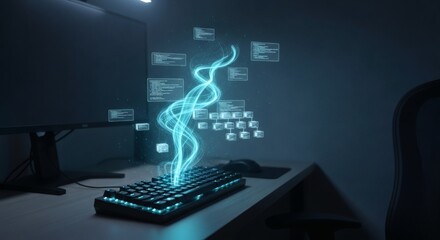Futuristic digital data stream rising from a glowing keyboard, illustrating advanced computing, information processing, and cybersecurity concepts in a technological workspace.