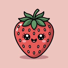 Illustration of a cute strawberry with a smiling face and green leaves on a light pink background