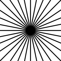 Straight radial lines is square shape. Sun rays symbol isolated on white background. Sunburst, sunrise or sunset sign. Radiance, explosion or firework pictogram. Vector graphic illustration.