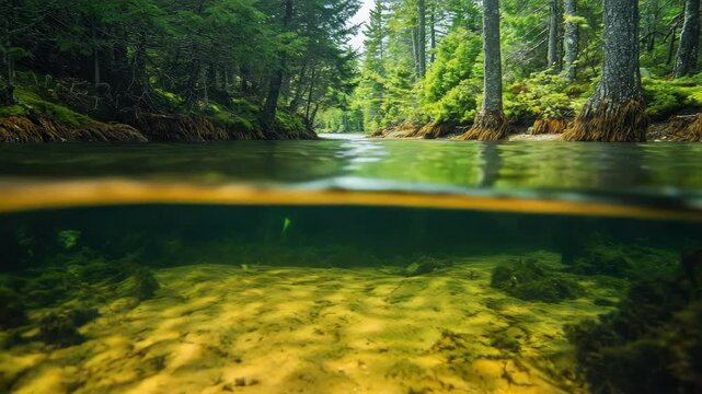 A serene river flowing through a lush forest with crystal clear waters reflecting the surrounding greenery.
