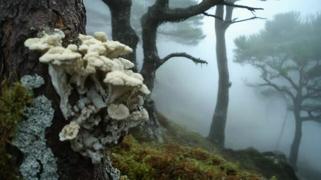 Dense fog shrouds a forest path, with mossy tree trunks and lichens adding layers of green to the scene.