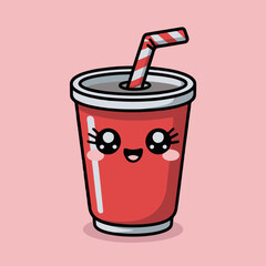 Cartoon soda cup with a straw and a cute face on a pink background in a simple vector illustration