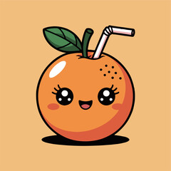 Cartoon orange with big eyes and a straw on a light orange background in a kawaii style illustration