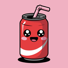 Cartoon illustration of a red soda can with a straw and a cute face on a pink background