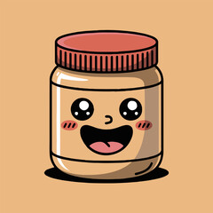 Cartoon peanut butter jar with a happy face and a red lid on a light brown background illustration