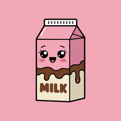 A cartoon illustration of a pink chocolate milk carton with a cute face on a pink background color