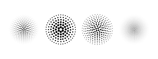 Set of dotted circles with halftone effect. Collection of round shapes with polka dot print isolated on white background. Simple circular design elements. Vector graphic illustration. © vikusha_art