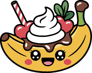 Cartoon banana split with cherries whipped cream chocolate sauce and a striped straw on white background
