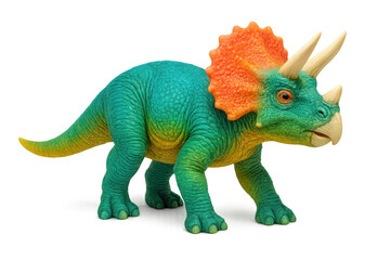 Plastic triceratops dinosaur figurine walking, transparent backdrop highlighting detailed prehistoric creature for learning resources