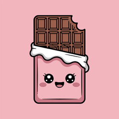 A cartoon chocolate bar with a bite taken out of it and a cute face on a pink background illustration