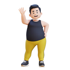 3D plus size overweight obesse man Waving, Ready for Fitness