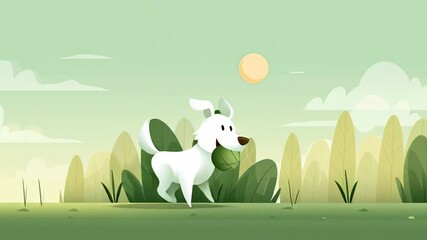 Playful white dog carrying a leaf in its mouth, joyfully running through a green field under a bright sun, surrounded by stylized trees and a serene landscape