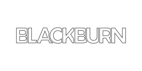 Blackburn city in the United Kingdom design features a geometric style illustration with bold typography in a modern font on white background.