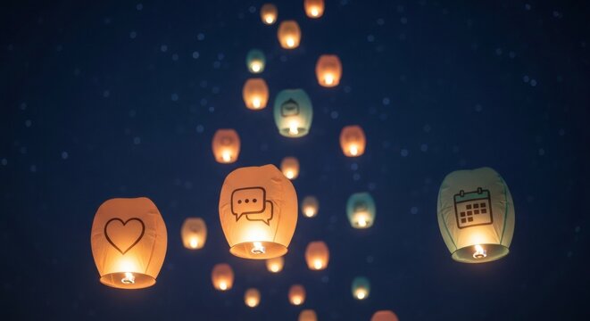Floating Sky Lanterns with Digital Communication Symbols Illuminating the Night Sky, Representing Modern Connectivity and Traditional Aspirations. - Powered by Adobe