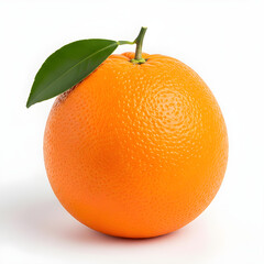 A single, perfectly ripe orange with a green leaf, isolated on white.