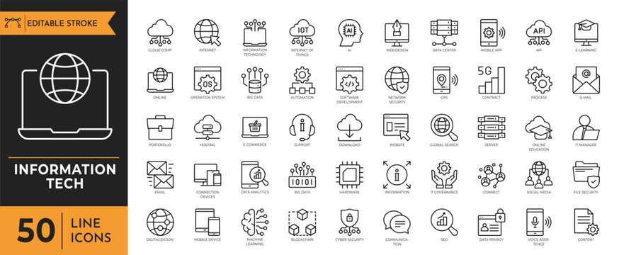 Information technology outline icon set. Containing IT network, data, internet, website, and more. Editable stroke. Vector illustration - Powered by Adobe