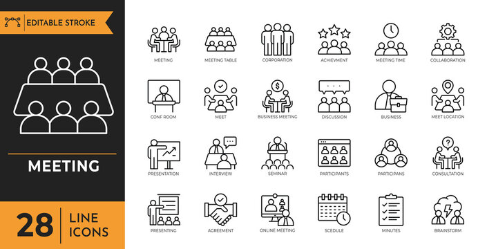 Meeting outline icon set. Containing Business meeting, conference, planning, presentation, discussion, conversation, and more. Editable stroke. Vector illustration