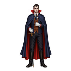Elegant vampire character dressed in a cape and holding a sword, isolated on a transparent background