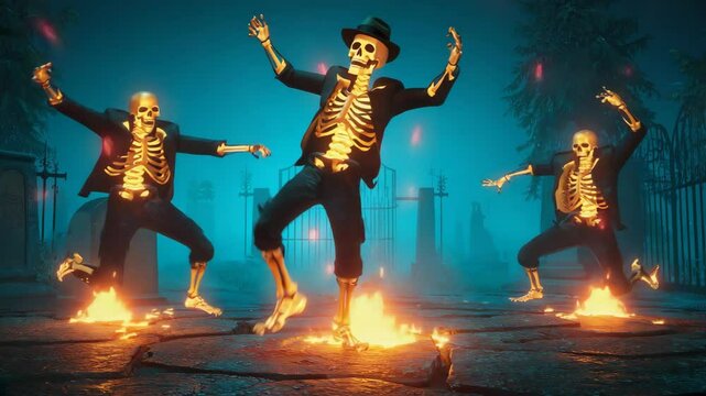 Funny skeletons in fire dancing at night with full moon on graveyard. Happy Halloween background