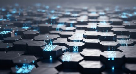 Futuristic Hexagonal Grid with Glowing Blue Data Flow Representing Advanced Technology, Network Connections, and Digital Transformation in a Cybernetic Landscape.