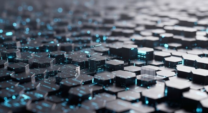 Futuristic Abstract Digital Network Background with Glowing Blue Hexagonal Structures Representing Advanced Technology, Data Flow, and Connected Systems. - Powered by Adobe