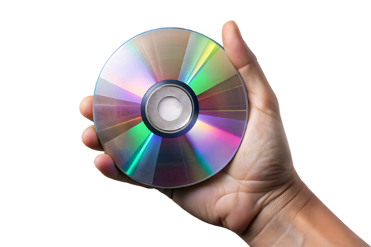 Human hand holding a shiny compact disc with rainbow reflections isolated on a transparent background