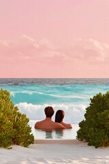 Fototapeta premium Romantic getaway. Couple embracing at an infinity pool overlooking a dreamy ocean sunset. Represents love, honeymoon, travel, and idyllic relaxation. Serene and aspirational.