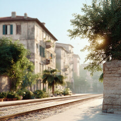 Fototapeta premium Warm sunlight bathes a vintage European street, with buildings lining train tracks. Nostalgic atmosphere evoking travel, history, and sunny destinations. Ideal for branding.