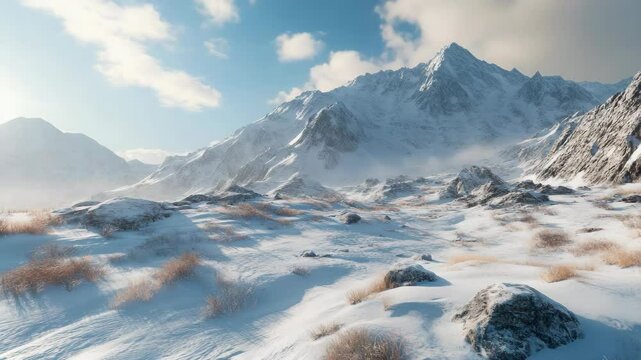 A cold, snowy mountain range with minimal vegetation. A sense of isolation and harsh conditions.