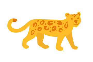 Cute leopard walking, hand-drawn flat vector illustration, bright yellow with orange spots on white background. Perfect for kids products, educational materials, animal books, prints, stickers, decor.