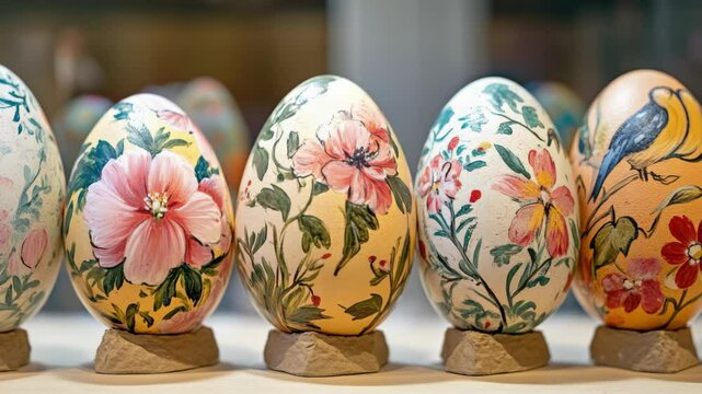 A collection of colorful, hand-painted eggs on display. Traditional Ukrainian Easter eggs showcasing intricate patterns and designs.
