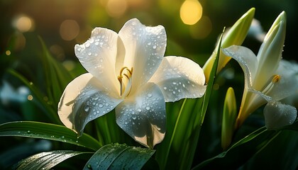 tuberose blooms centered in a lush green environment with dew drops glistening flower details tropical plants