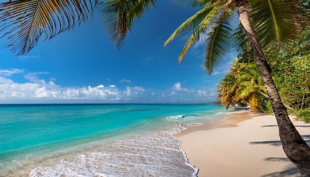 tropical paradise palm trees adorn a pristine beach with turquoise ocean waves - Powered by Adobe