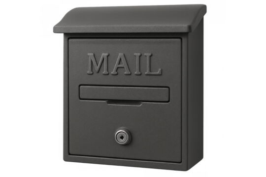 Gray metal mailbox featuring mail slot, key lock mounted vertically against transparent background