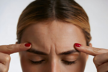 Close-Up of Woman Pressing Temples with Fingers, Highlighting Frown Lines and Forehead Wrinkles in Studio Lighting