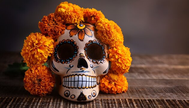 sugar catrina skull adorned with marigold flowers in a gothic art style day of the death mexican - Powered by Adobe