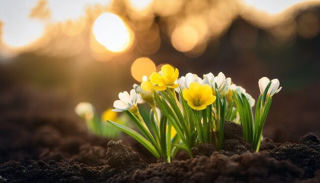 springtime awakening in punjab tiny white and yellow wildflowers and fresh green sprouts emerge from the dark earth under a gentle bokeh sunlight symbolizing renewal and the beauty of nature in laho