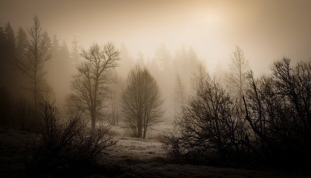spooky dark landscape showing forest on a misty winter day in sepia tones