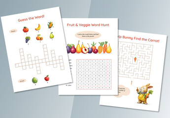 Kids Activity Worksheet Set - Fruits and Vegetables Theme