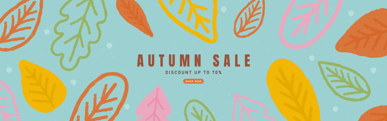 Colorful web banner template in a hand-drawn sketch style, featuring autumn leaves on a textured blue background, for seasonal sales promotions and e-commerce advertising, vector illustration.