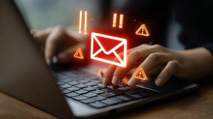 Businessman's hands on a laptop with junk email and security alerts. A visual representation of cybersecurity systems protecting corporate data.
