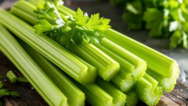 Crisp green celery stalks arranged on dark wooden board, fresh vegetable ingredient close up, vibrant healthy food option for recipes