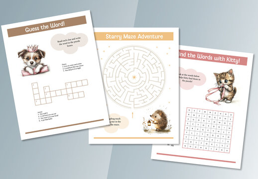 Kids Activity Worksheet Set with cute animals