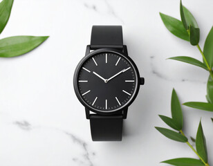Sleek black minimalist wristwatch rests on marble surface surrounded by lush greenery, creating harmonious blend of elegance and nature