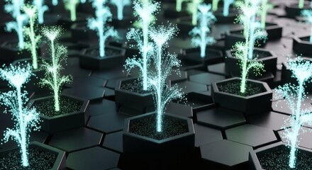 Futuristic digital glowing plants on a hexagonal grid, symbolizing advanced technological growth, data innovation, and sustainable biotechnology. AI-powered green energy ecosystems.