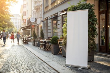 Ultra-realistic roll-up banner mockup on urban sidewalk near café with sunlight, plants, and chairs. Perfect for marketing, advertising, branding, and commercial display design.