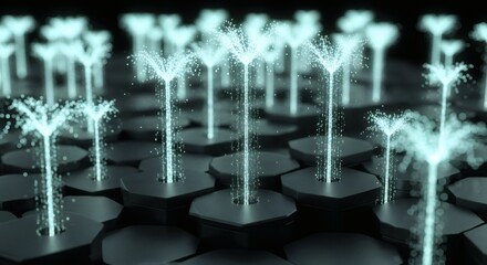 Abstract visualization of a futuristic digital network with glowing streams. Hexagonal nodes symbolize advanced technology, data flow, and intricate connectivity, representing innovation.