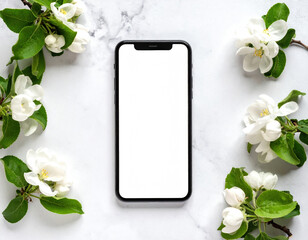 Blank smartphone screen is surrounded by white flowers and green leaves on textured white background, creating fresh and serene atmosphere. This mockup is perfect for showcasing digital designs