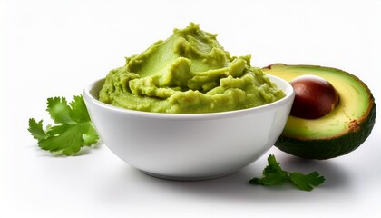fresh guacamole in white bowl isolated on white background